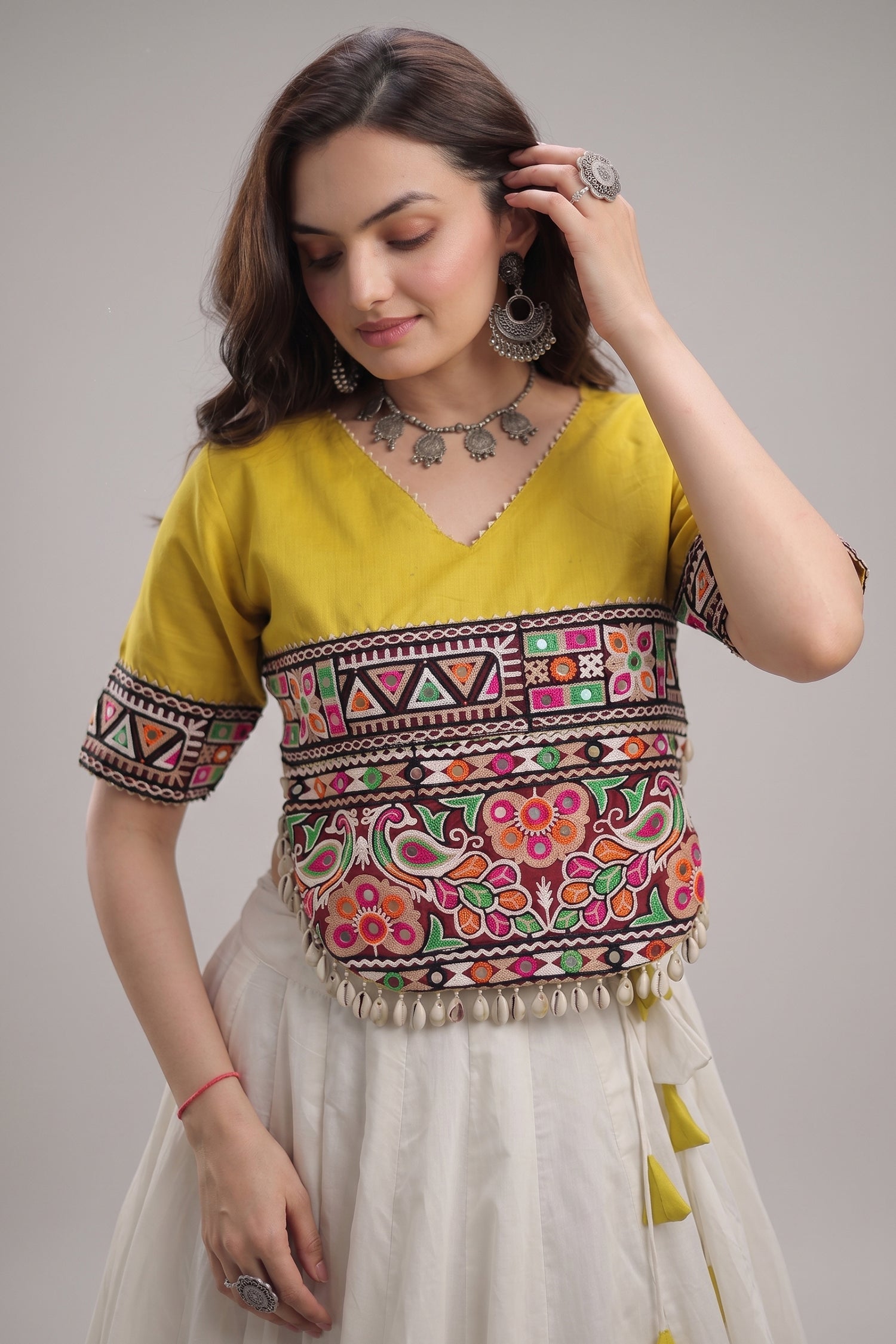 Off White and Yellow Mirror Kachchi Worked Chaniya Choli Secondary image