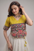 Off White and Yellow Mirror Kachchi Worked Chaniya Choli