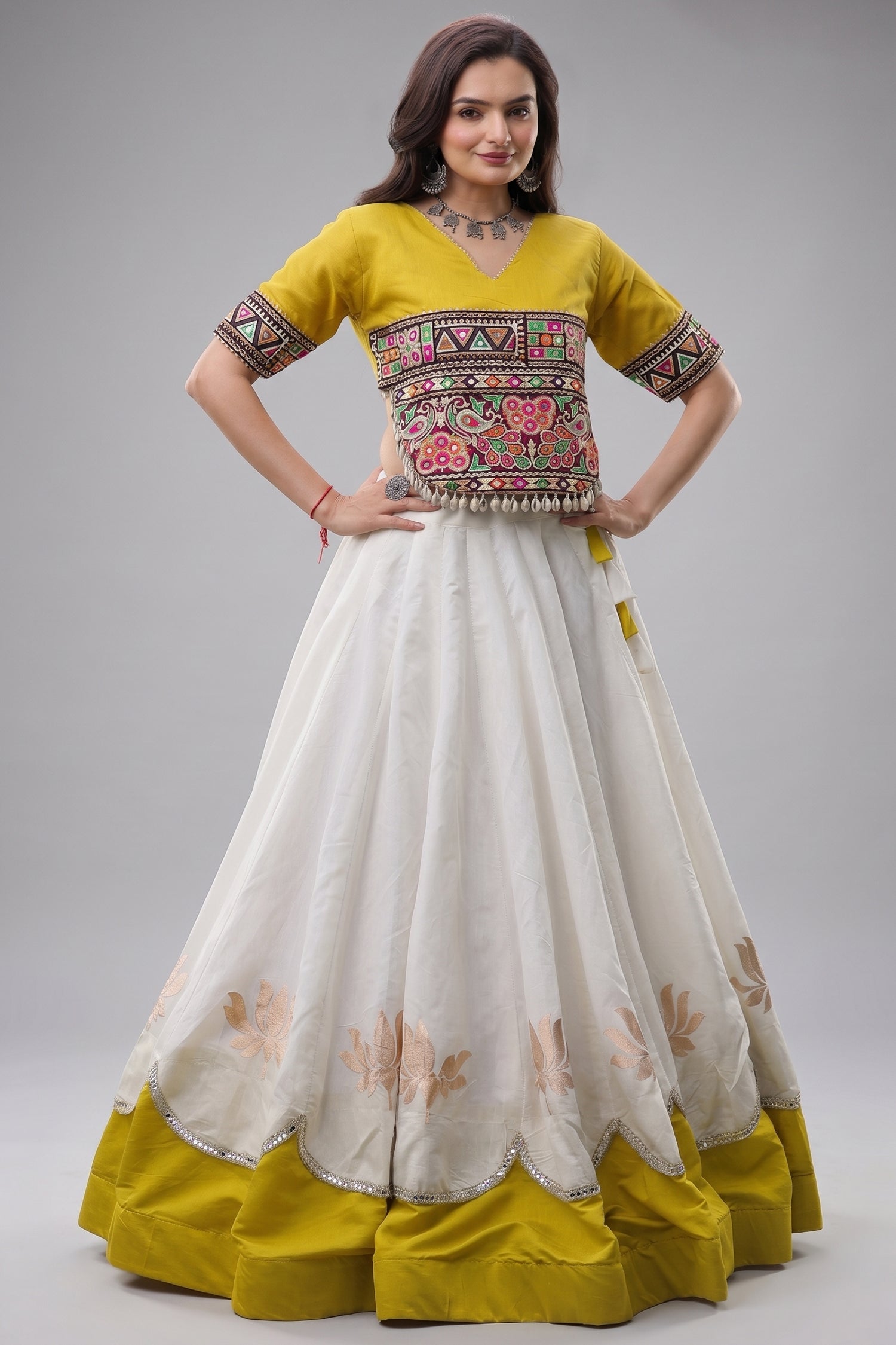 Off White and Yellow Mirror Kachchi Worked Chaniya Choli Main image