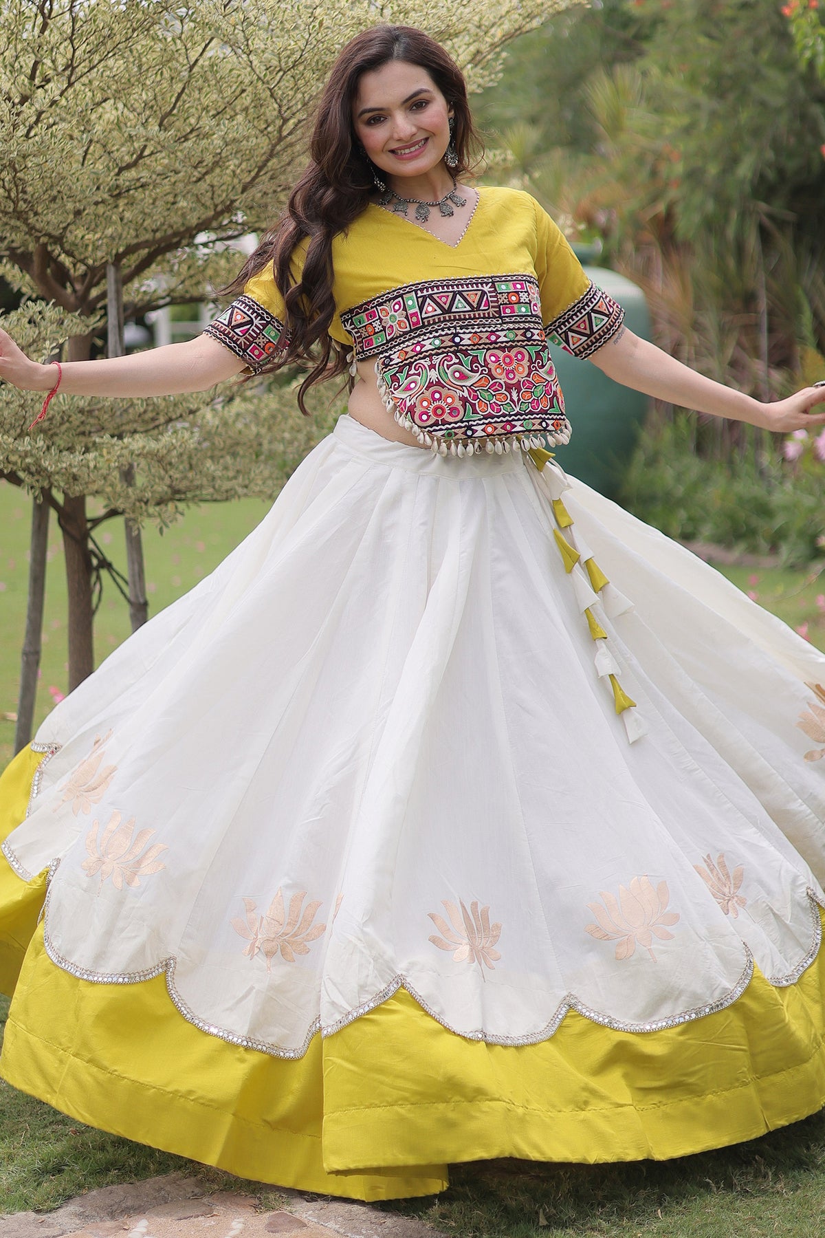 Off White and Yellow Mirror Kachchi Worked Chaniya Choli