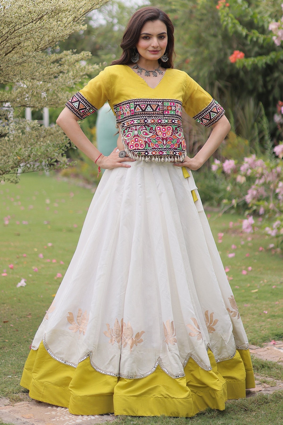 Off White and Yellow Mirror Kachchi Worked Chaniya Choli