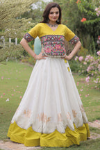 Off White and Yellow Mirror Kachchi Worked Chaniya Choli