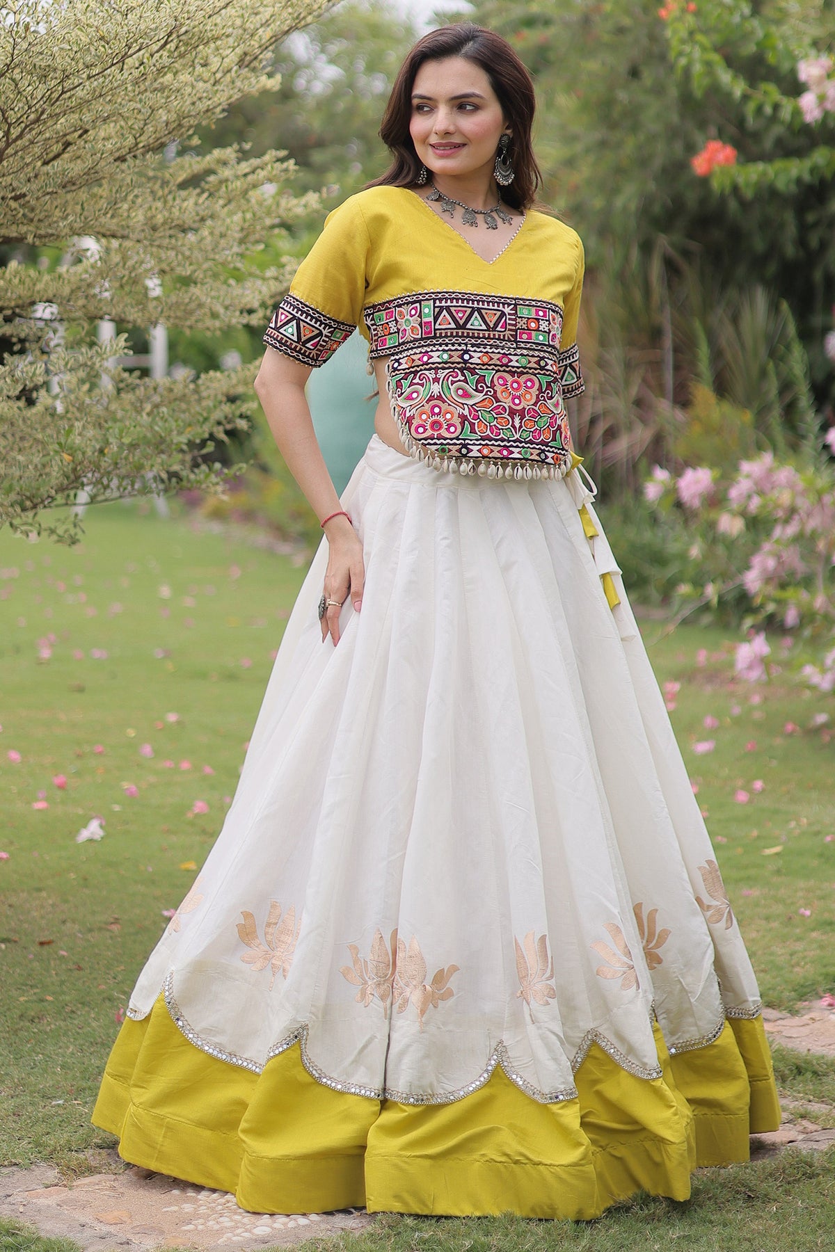 Off White and Yellow Mirror Kachchi Worked Chaniya Choli