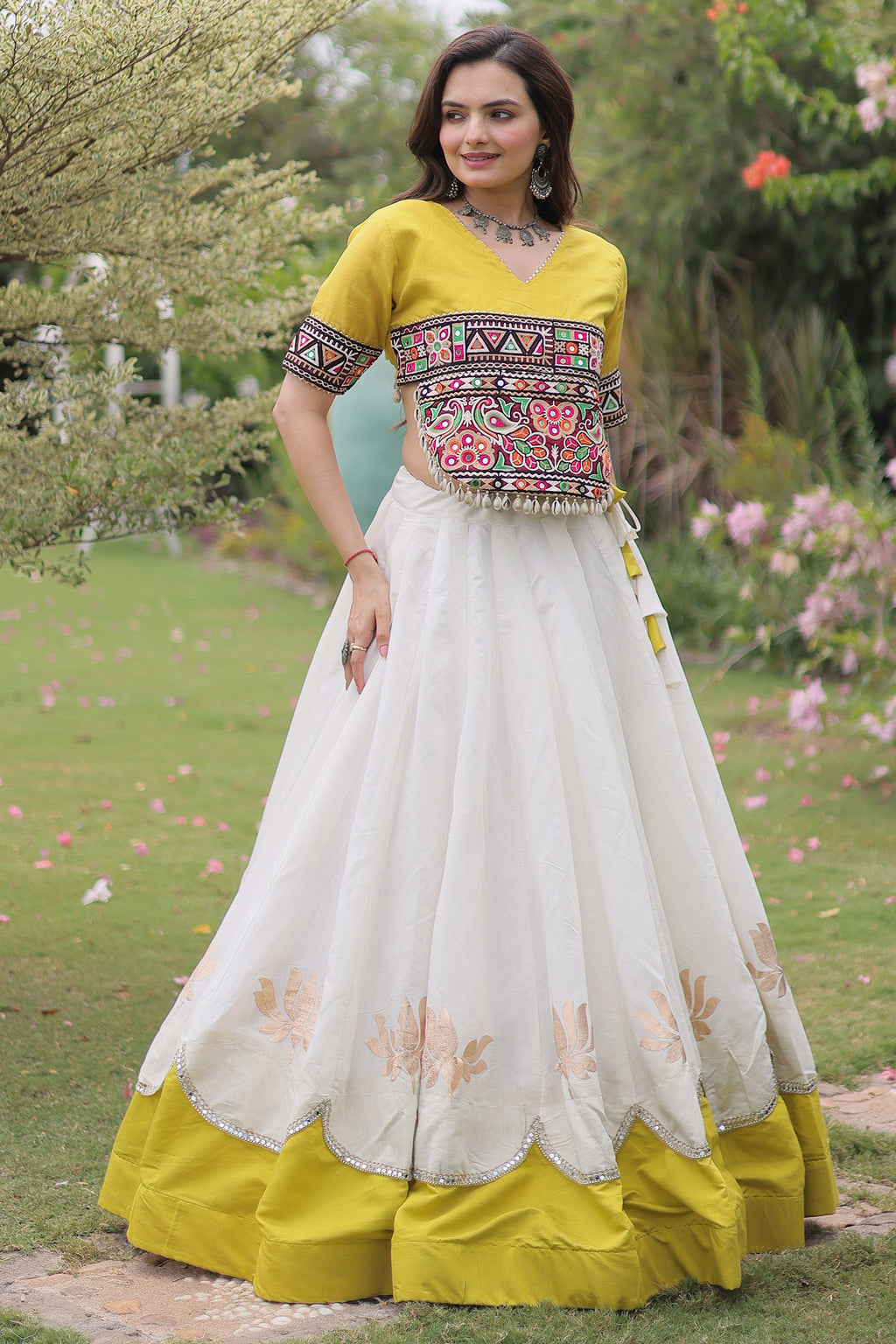 Off White and Yellow Mirror Kachchi Worked Chaniya Choli
