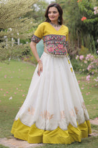 Off White and Yellow Mirror Kachchi Worked Chaniya Choli