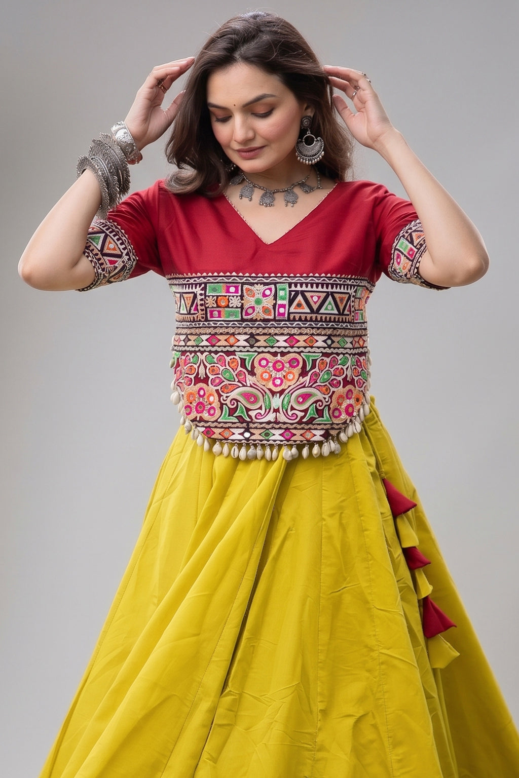 Yellow and Red Art Silk Kachchi Mirror Worked Chaniya Choli