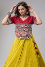 Yellow and Red Art Silk Kachchi Mirror Worked Chaniya Choli