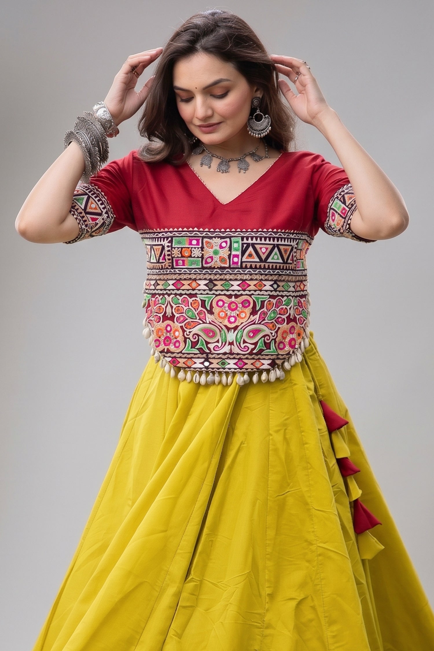 Yellow and Red Art Silk Kachchi Mirror Worked Chaniya Choli