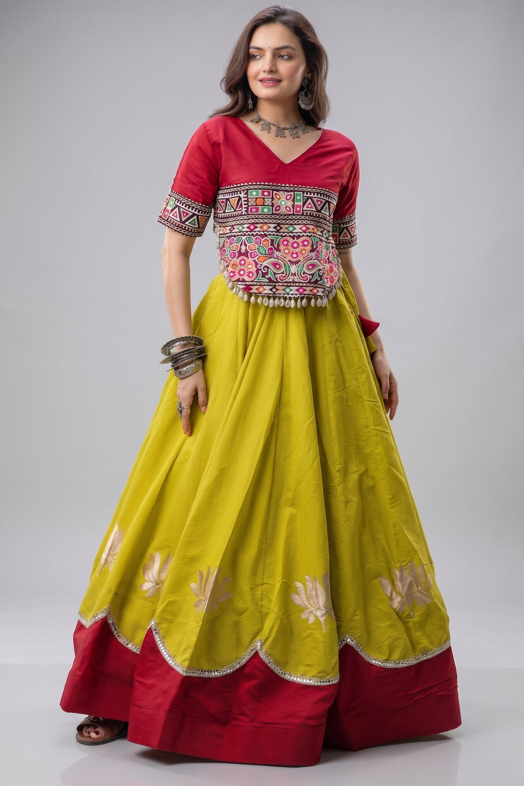 Yellow and Red Art Silk Kachchi Mirror Worked Chaniya Choli