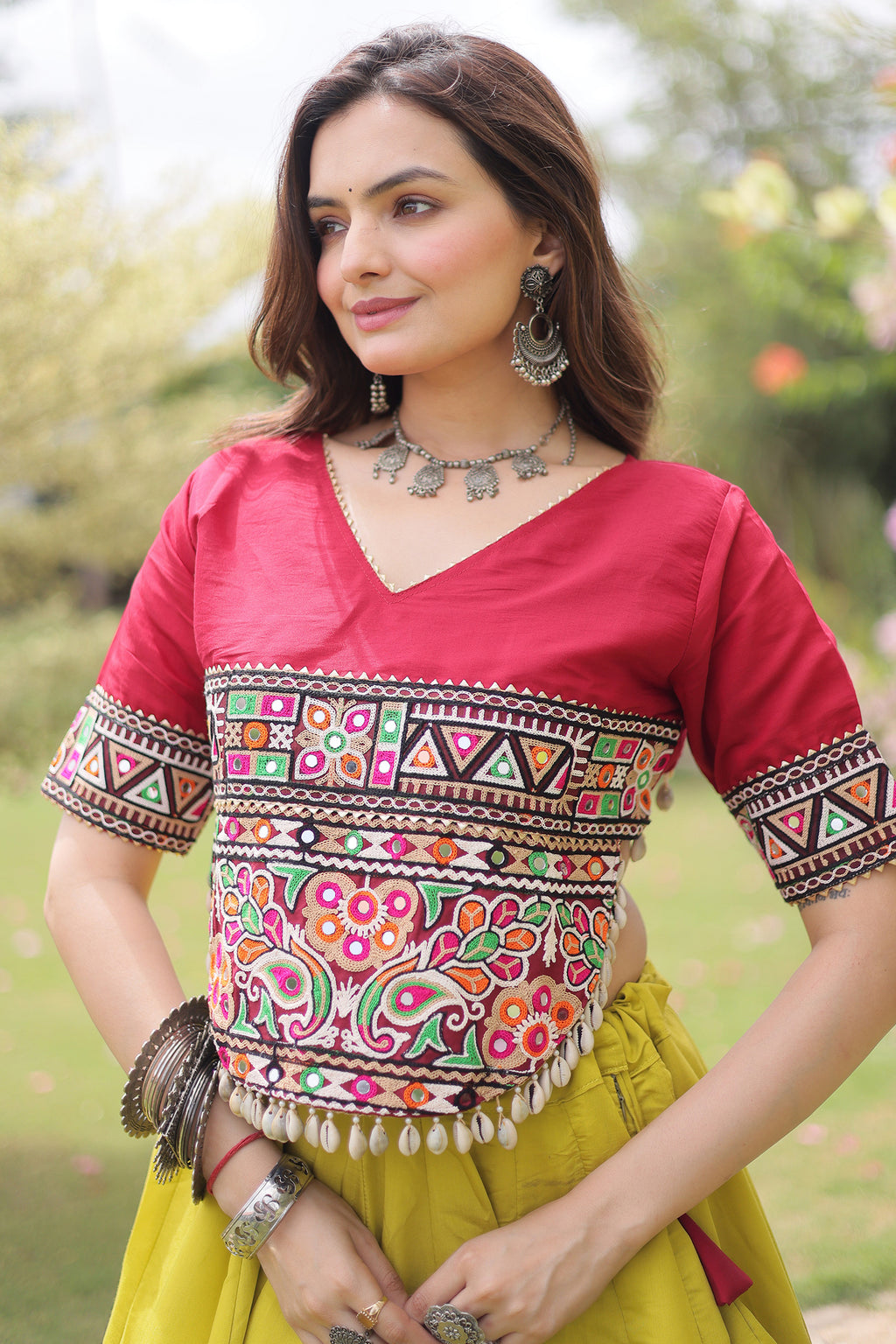 Yellow and Red Art Silk Kachchi Mirror Worked Chaniya Choli