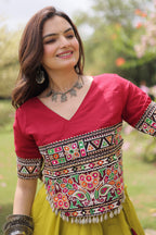 Yellow and Red Art Silk Kachchi Mirror Worked Chaniya Choli