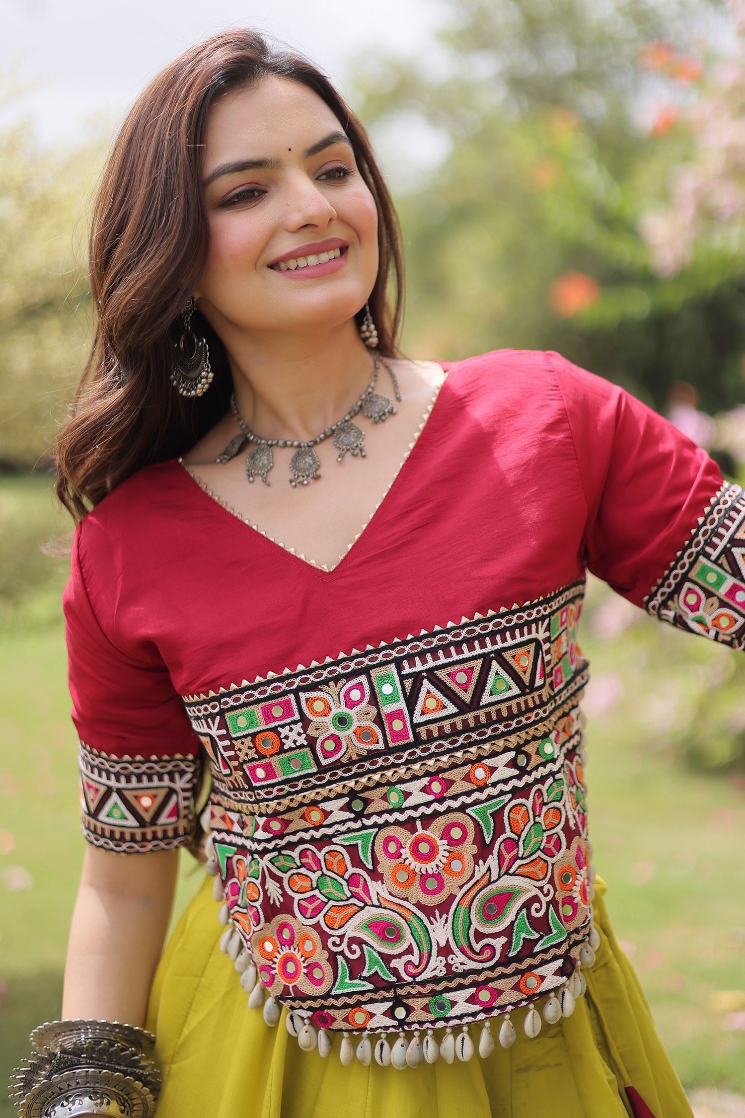 Yellow and Red Art Silk Kachchi Mirror Worked Chaniya Choli