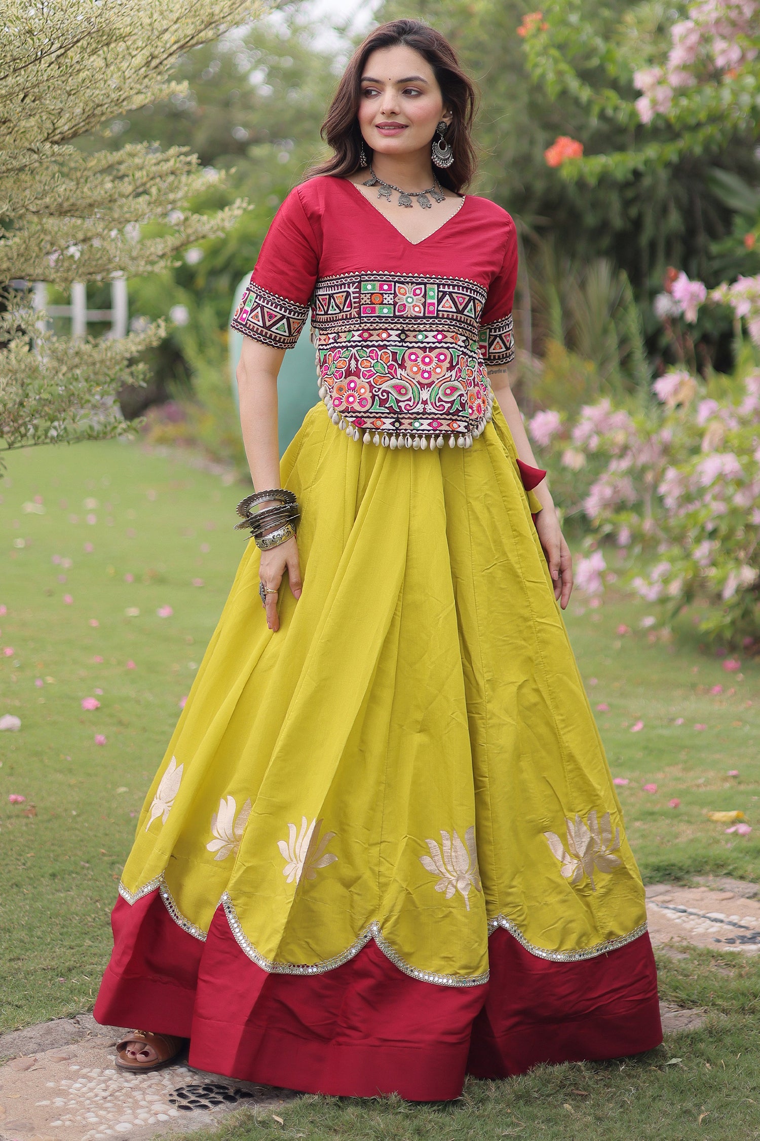 Yellow and Red Art Silk Kachchi Mirror Worked Chaniya Choli