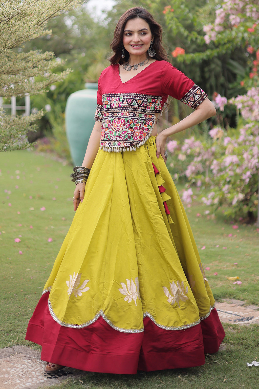 Yellow and Red Art Silk Kachchi Mirror Worked Chaniya Choli