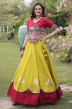 Yellow and Red Art Silk Kachchi Mirror Worked Chaniya Choli