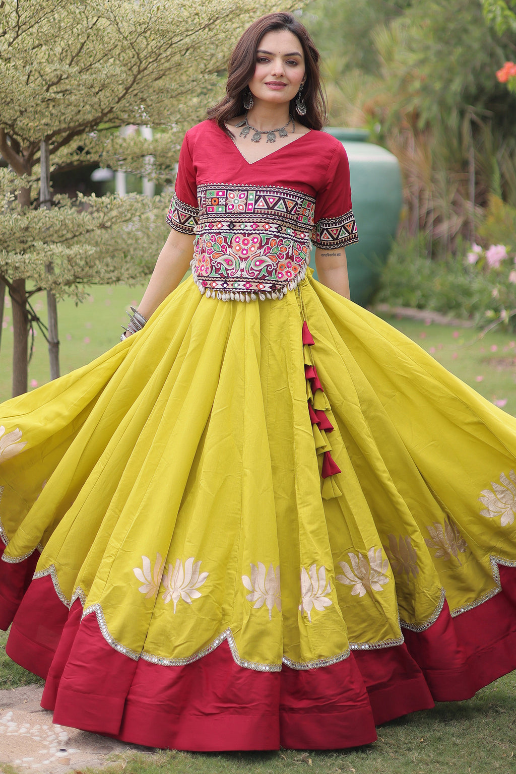 Yellow and Red Art Silk Kachchi Mirror Worked Chaniya Choli