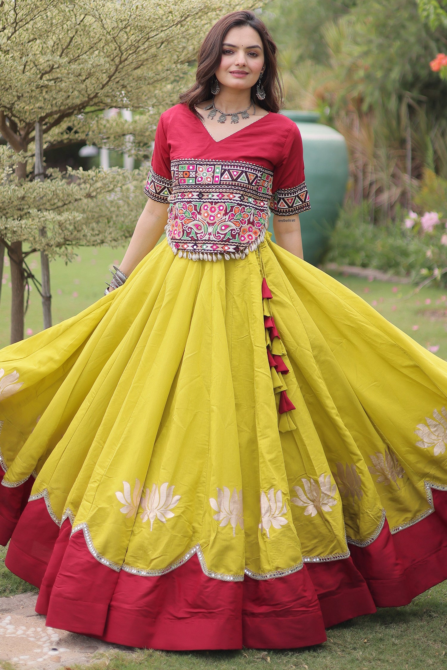 Yellow and Red Art Silk Kachchi Mirror Worked Chaniya Choli