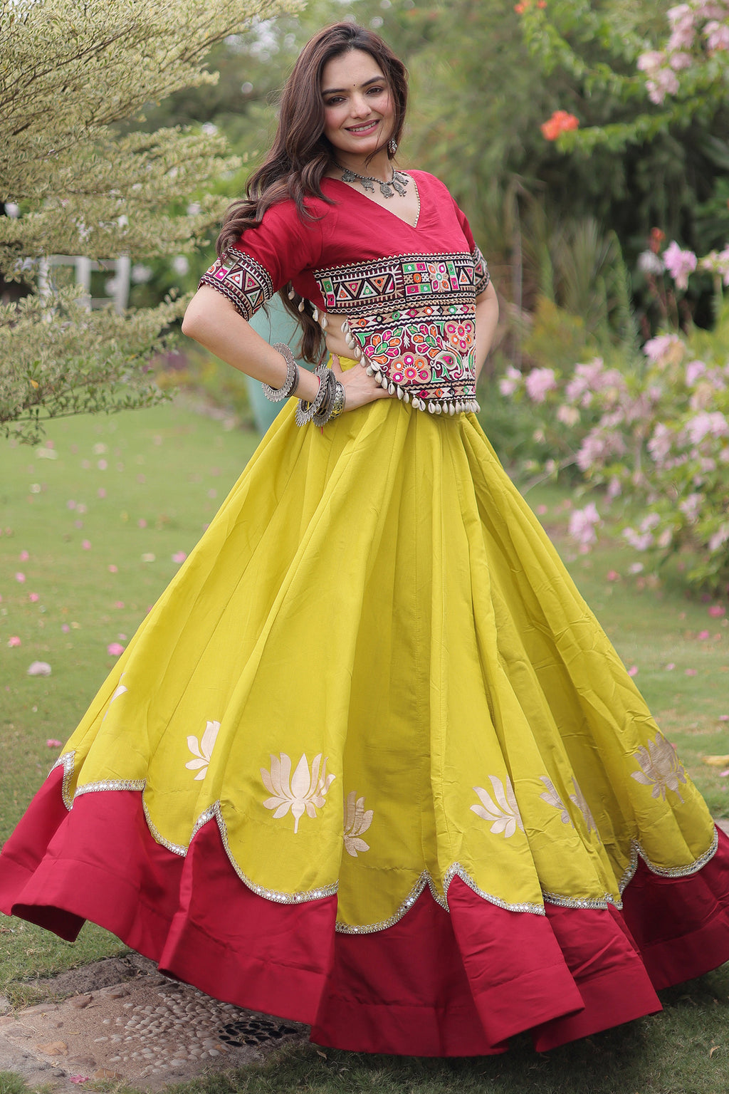 Yellow and Red Art Silk Kachchi Mirror Worked Chaniya Choli