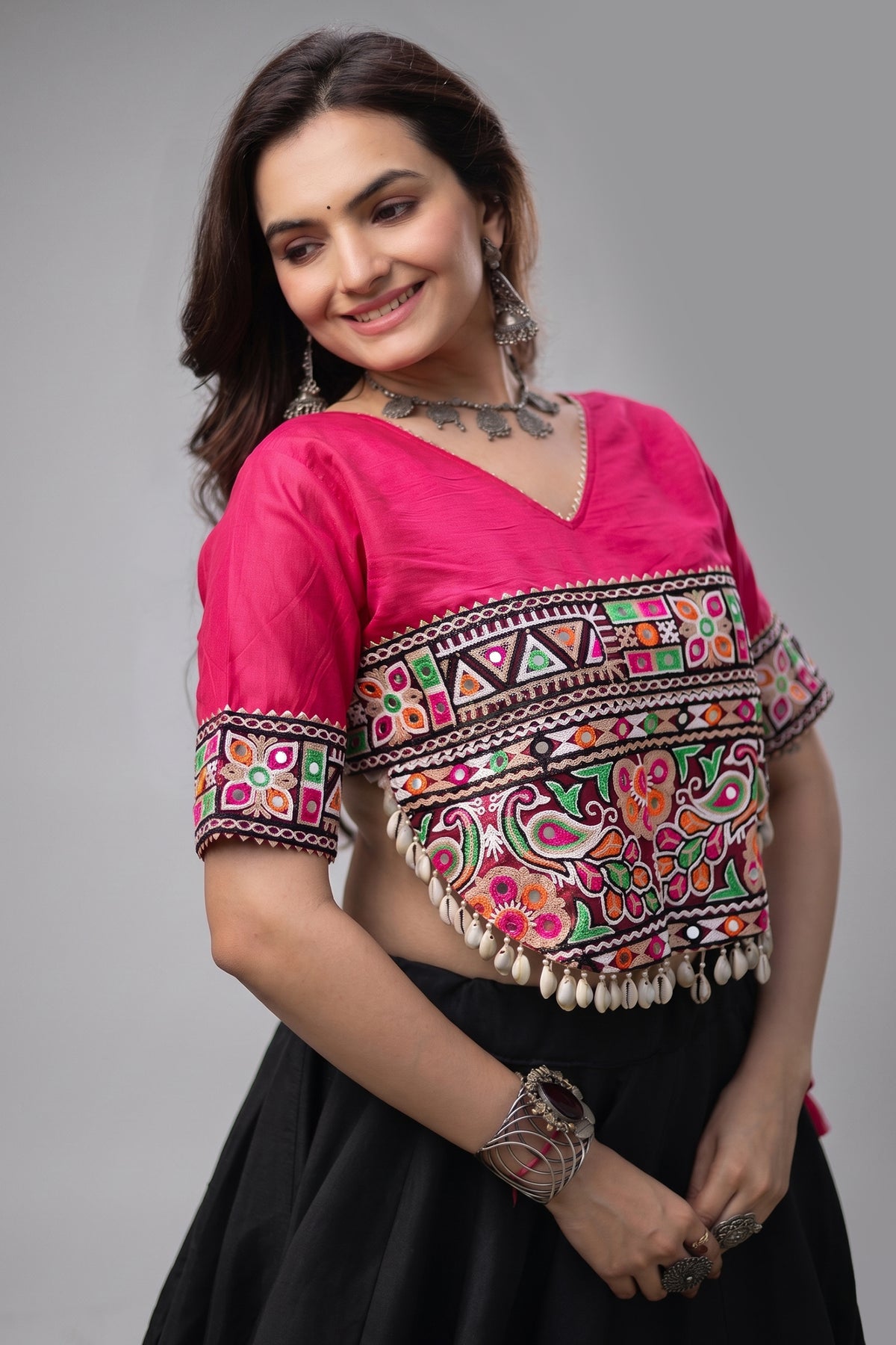 Black and Pink Art Silk Mirror Kachchi Worked Chaniya Choli