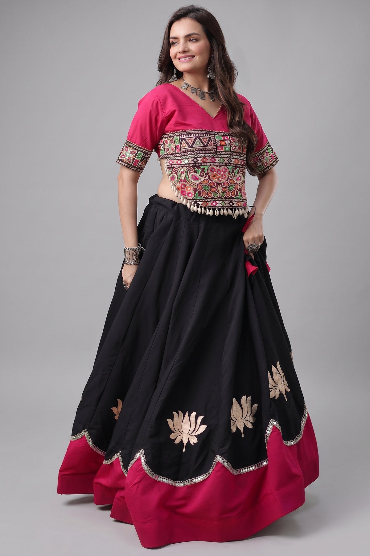 Black and Pink Art Silk Mirror Kachchi Worked Chaniya Choli Main image