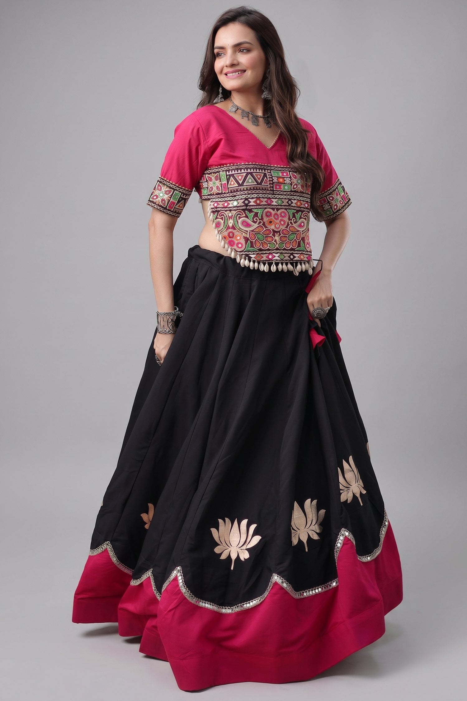 Black and Pink Art Silk Mirror Kachchi Worked Chaniya Choli