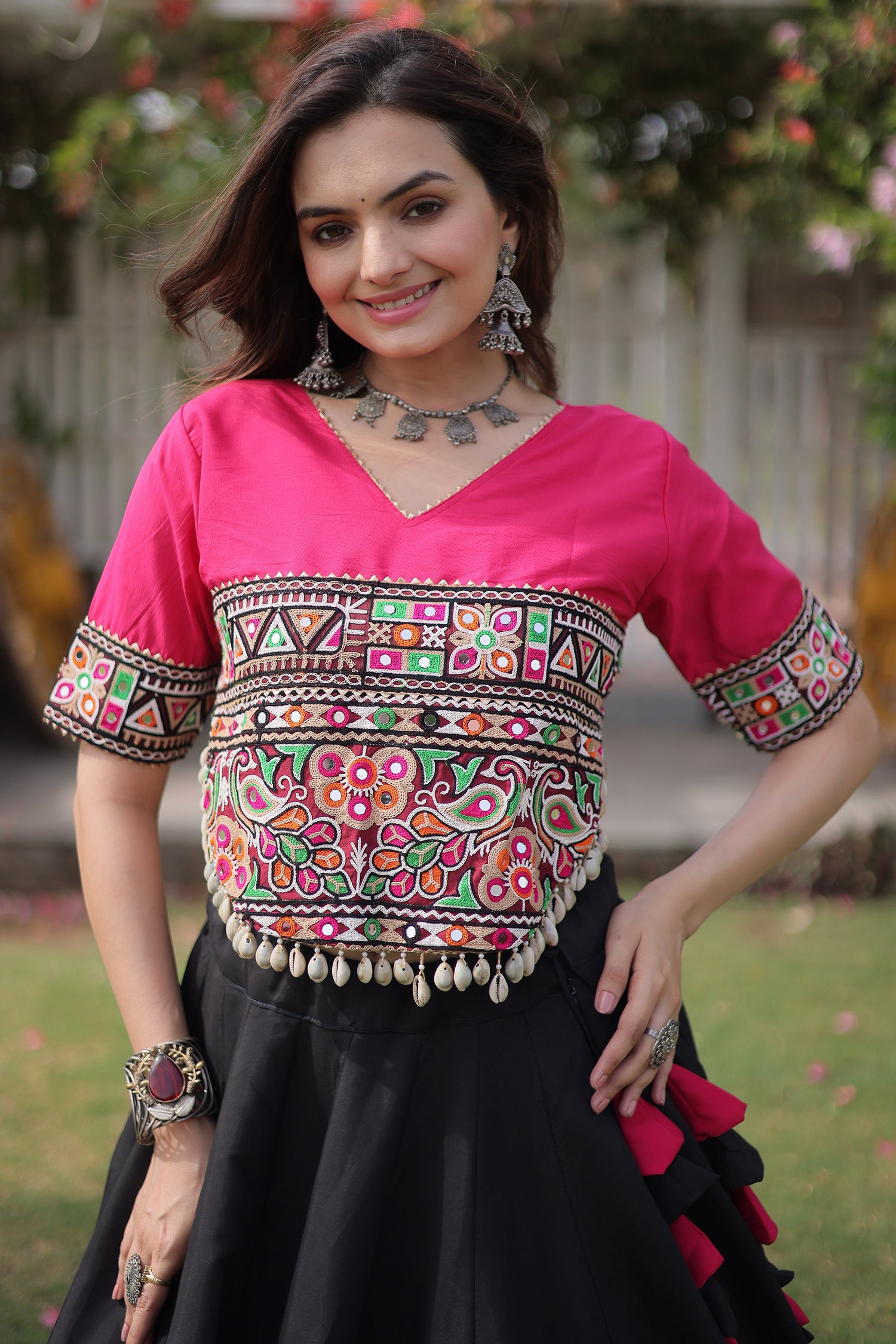 Black and Pink Art Silk Mirror Kachchi Worked Chaniya Choli