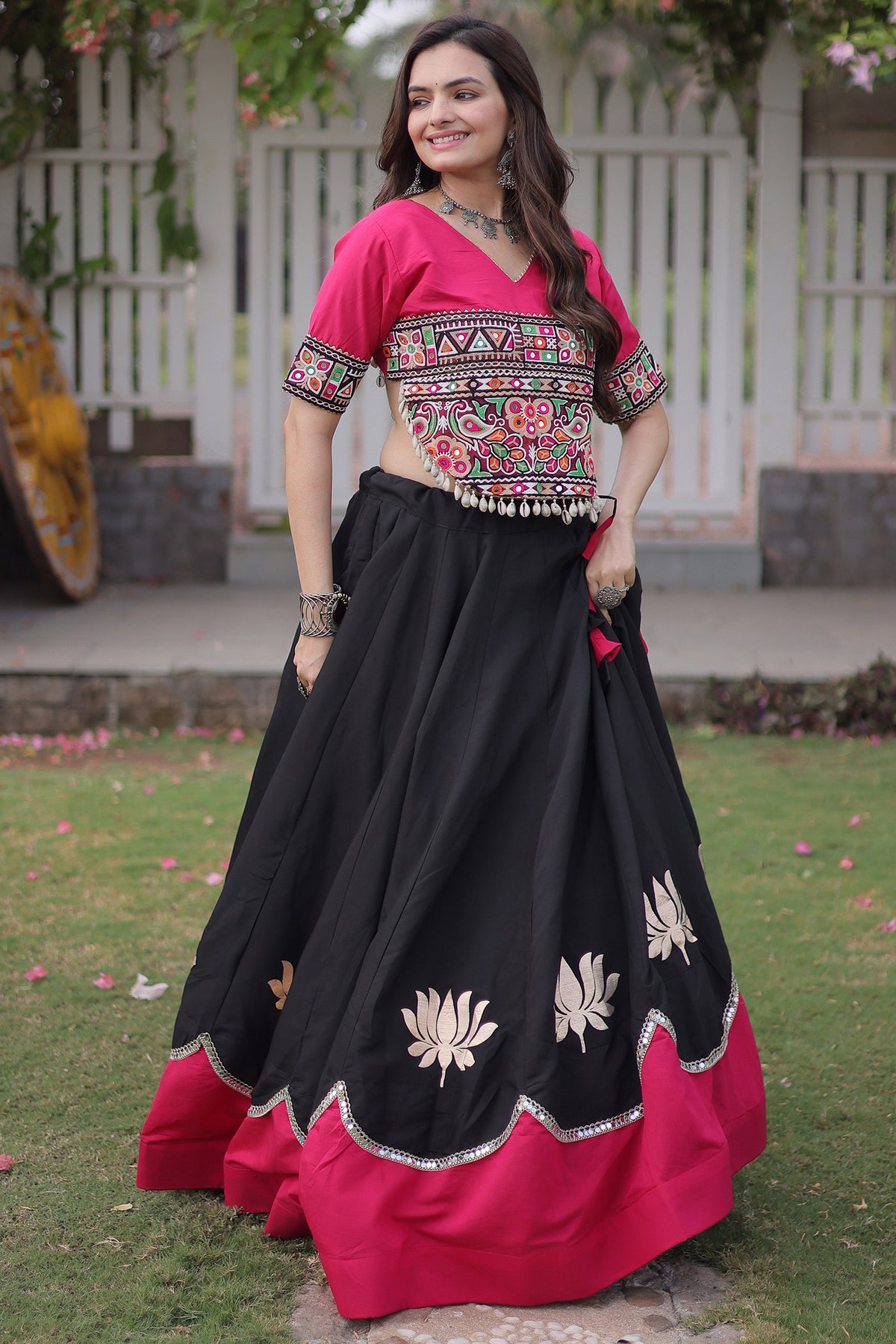 Black and Pink Art Silk Mirror Kachchi Worked Chaniya Choli