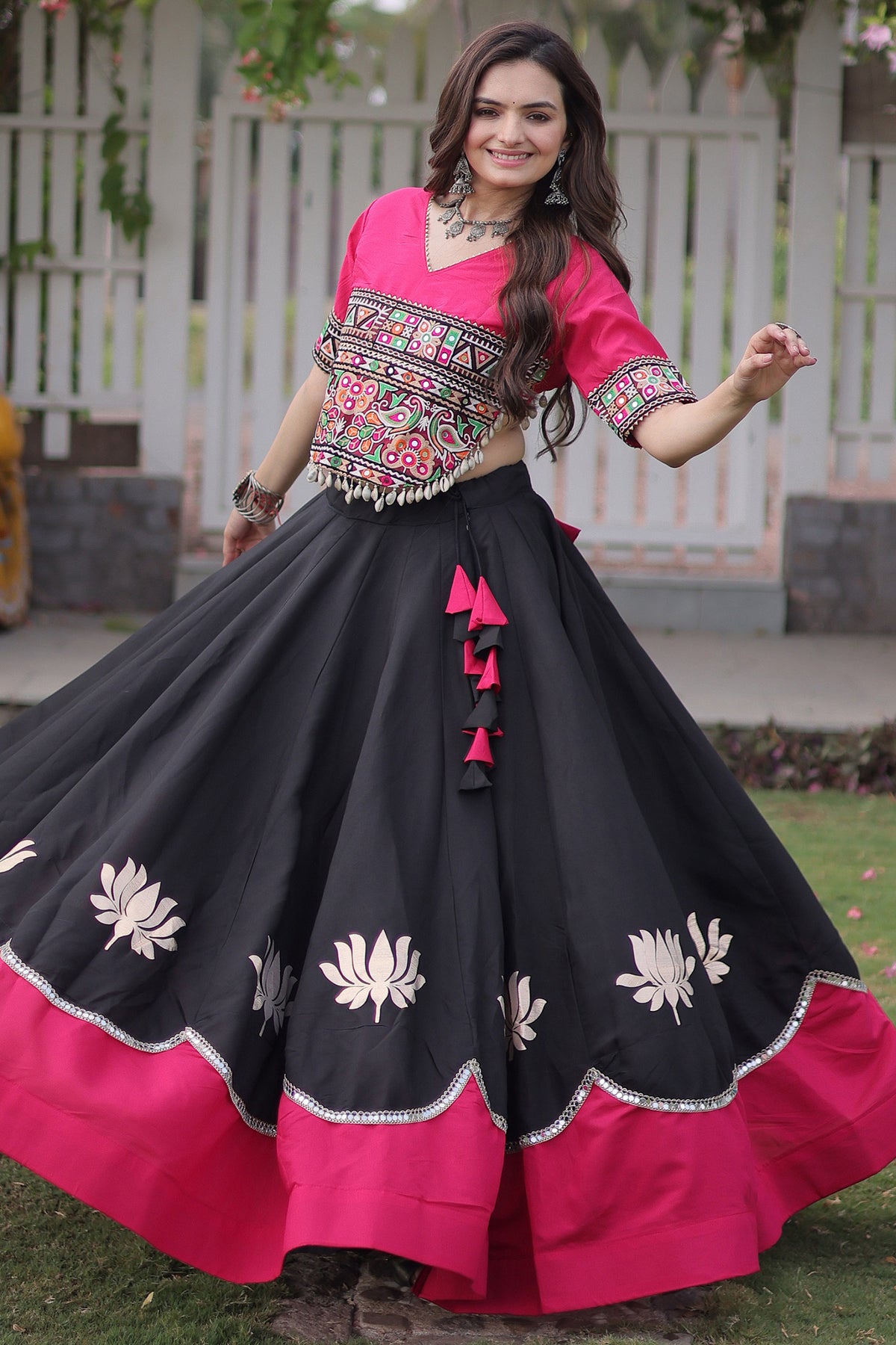 Black and Pink Art Silk Mirror Kachchi Worked Chaniya Choli