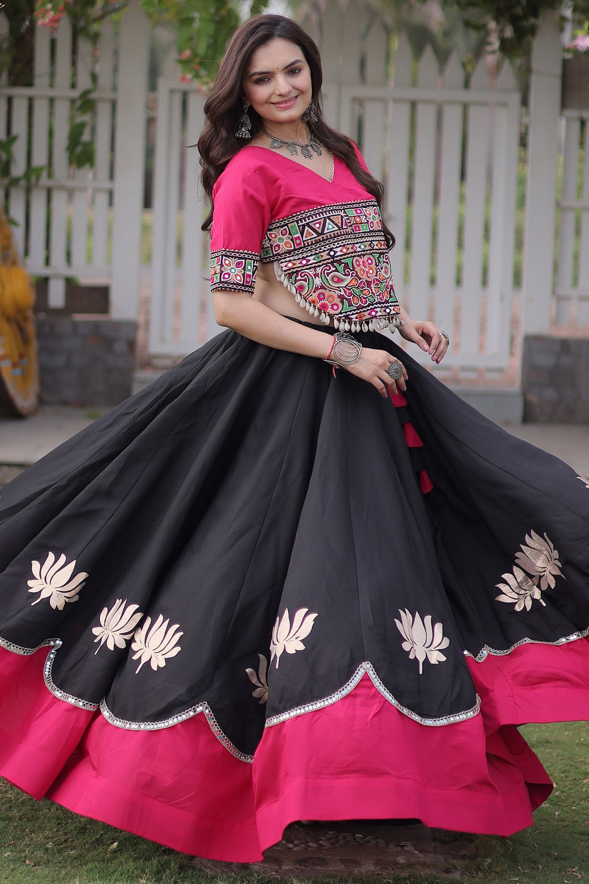 Black and Pink Art Silk Mirror Kachchi Worked Chaniya Choli
