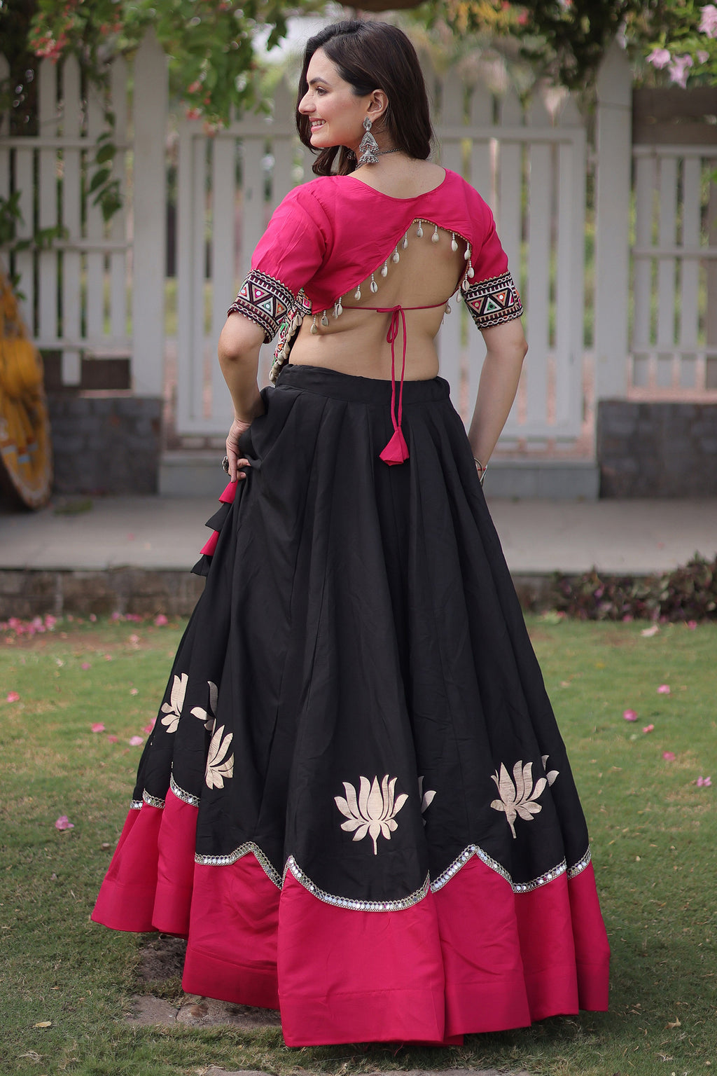Black and Pink Art Silk Mirror Kachchi Worked Chaniya Choli