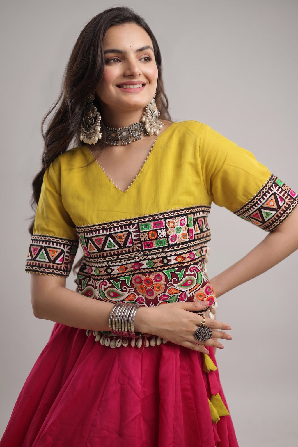 Pink and Yellow Art Silk Mirror Kachchi Worked Chaniya Choli