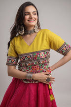 Pink and Yellow Art Silk Mirror Kachchi Worked Chaniya Choli