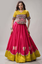 Pink and Yellow Art Silk Mirror Kachchi Worked Chaniya Choli