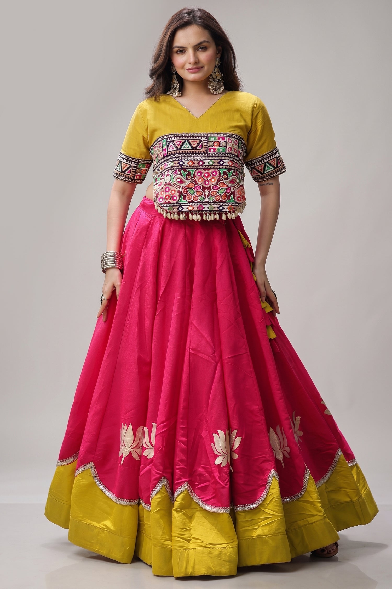 Pink and Yellow Art Silk Mirror Kachchi Worked Chaniya Choli