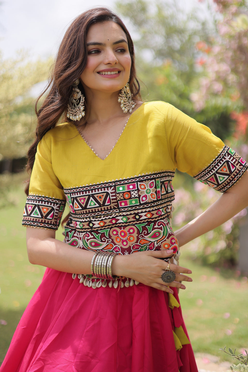 Pink and Yellow Art Silk Mirror Kachchi Worked Chaniya Choli