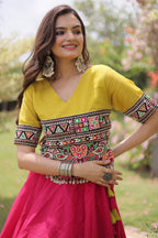 Pink and Yellow Art Silk Mirror Kachchi Worked Chaniya Choli