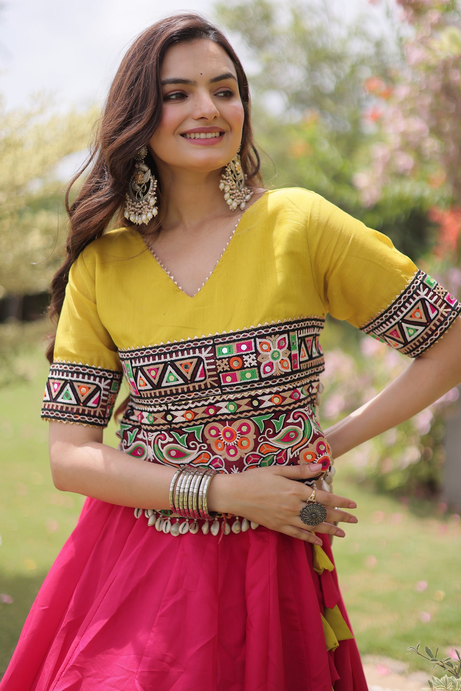 Pink and Yellow Art Silk Mirror Kachchi Worked Chaniya Choli