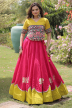Pink and Yellow Art Silk Mirror Kachchi Worked Chaniya Choli