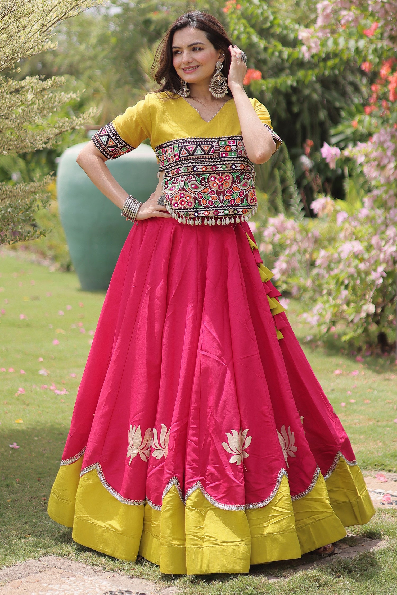 Pink and Yellow Art Silk Mirror Kachchi Worked Chaniya Choli