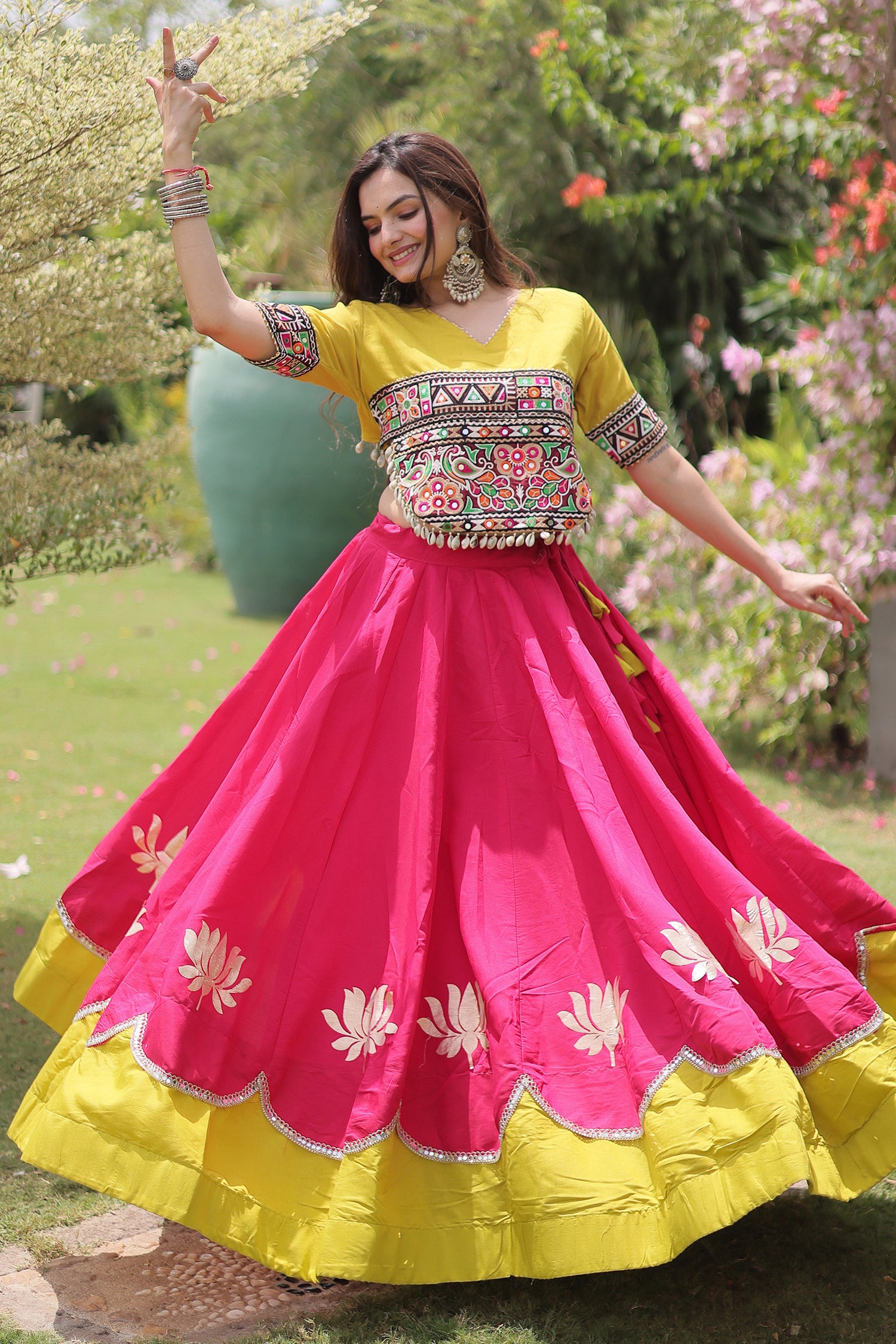 Pink and Yellow Art Silk Mirror Kachchi Worked Chaniya Choli