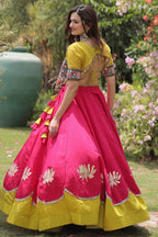 Pink and Yellow Art Silk Mirror Kachchi Worked Chaniya Choli