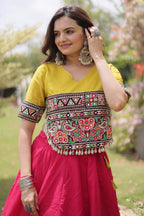 Pink and Yellow Art Silk Mirror Kachchi Worked Chaniya Choli