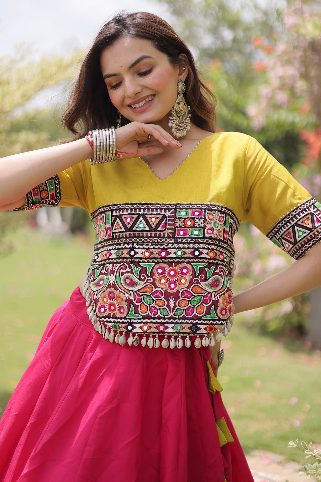 Pink and Yellow Art Silk Mirror Kachchi Worked Chaniya Choli