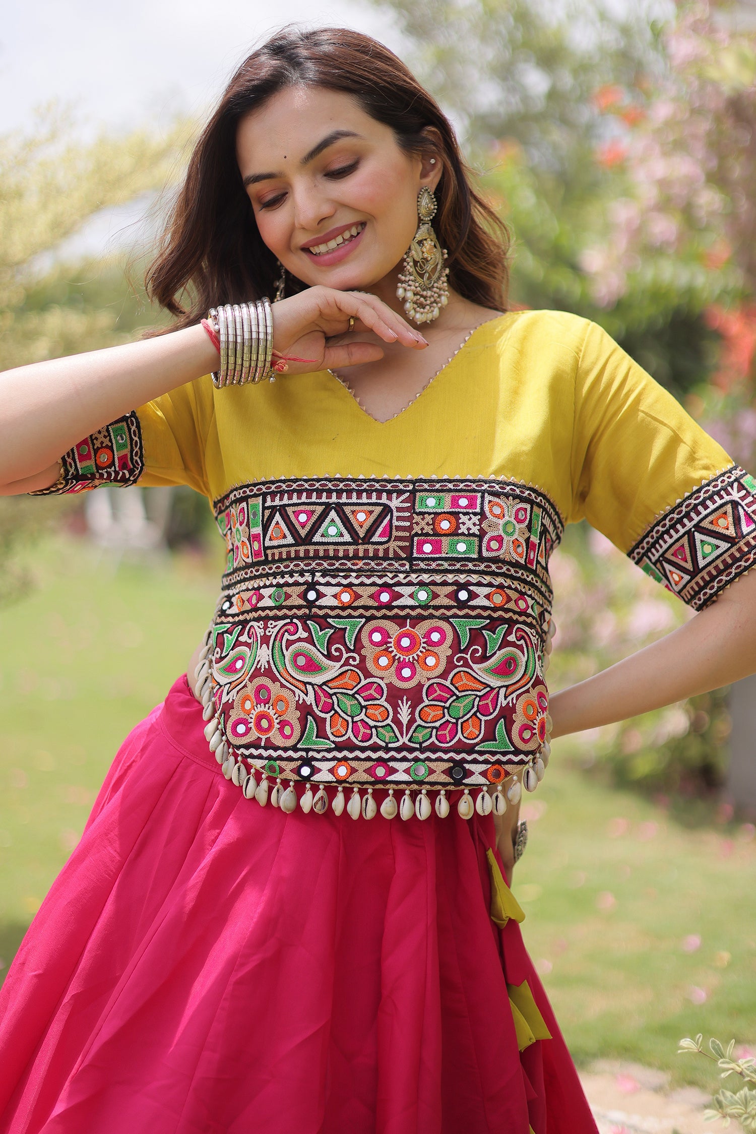 Pink and Yellow Art Silk Mirror Kachchi Worked Chaniya Choli