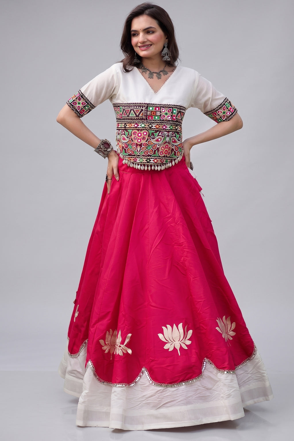 Pink and White Art Silk Mirror Kachchi Worked Chaniya Choli