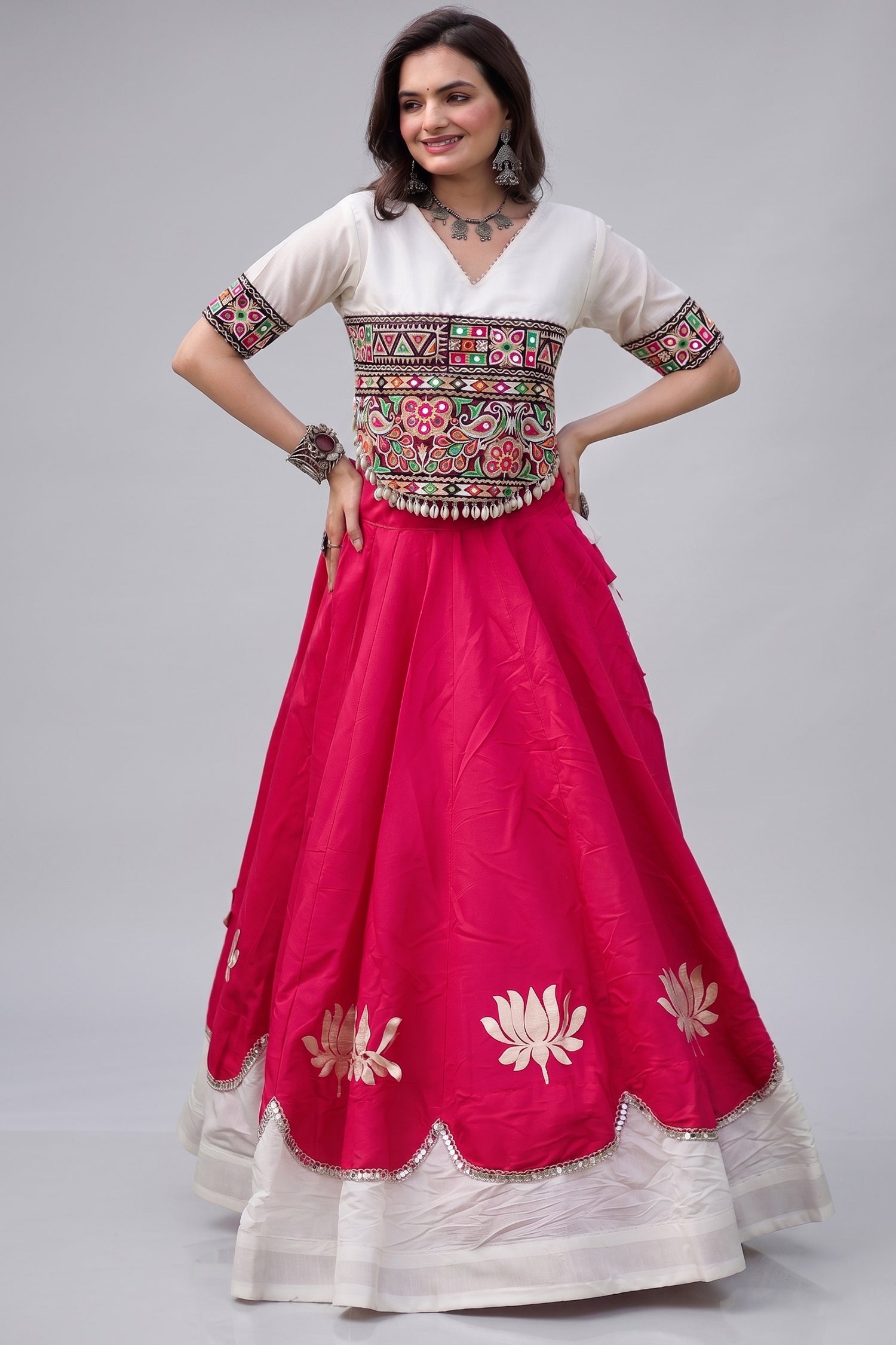 Pink and White Art Silk Mirror Kachchi Worked Chaniya Choli