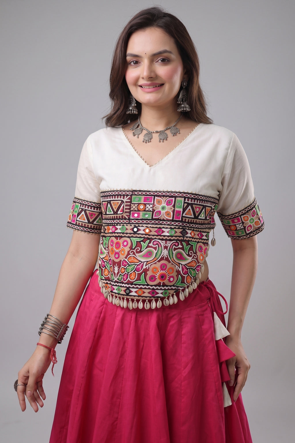 Pink and White Art Silk Mirror Kachchi Worked Chaniya Choli