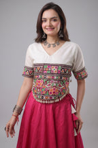 Pink and White Art Silk Mirror Kachchi Worked Chaniya Choli