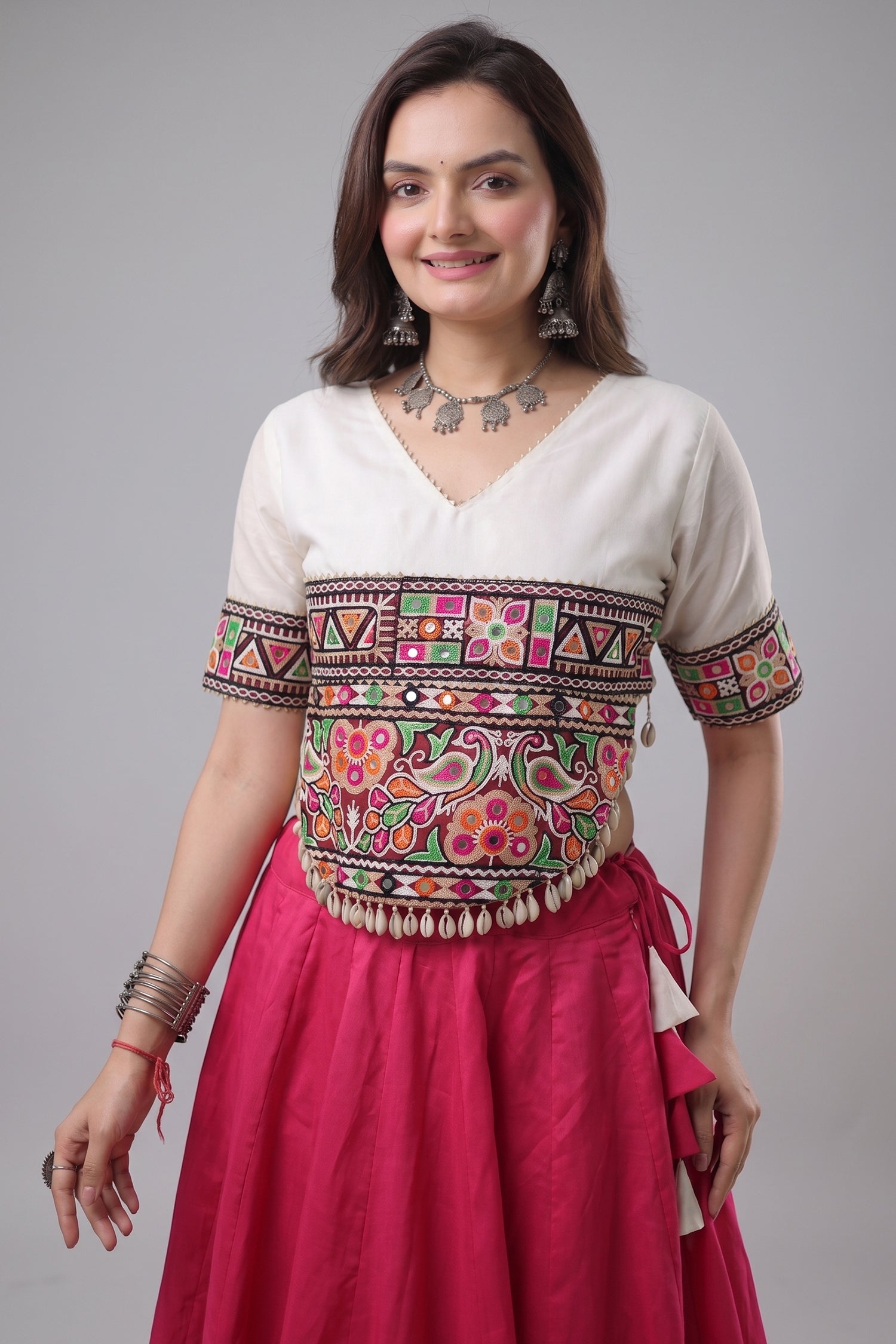 Pink and White Art Silk Mirror Kachchi Worked Chaniya Choli