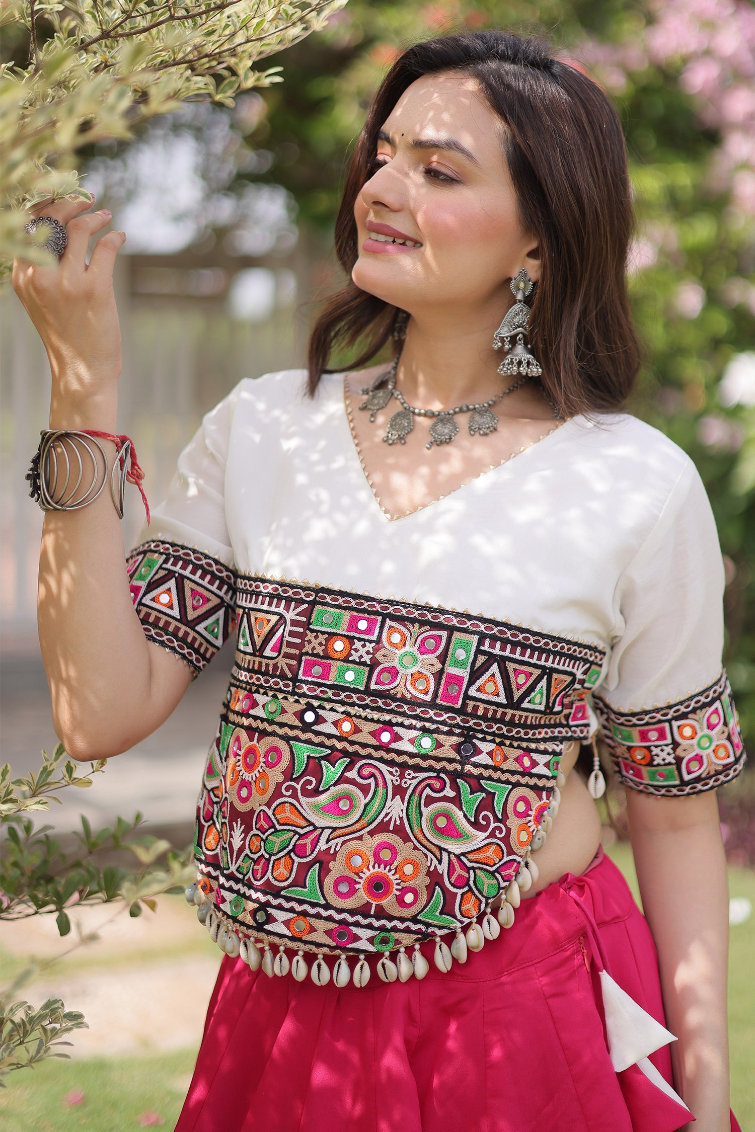 Pink and White Art Silk Mirror Kachchi Worked Chaniya Choli